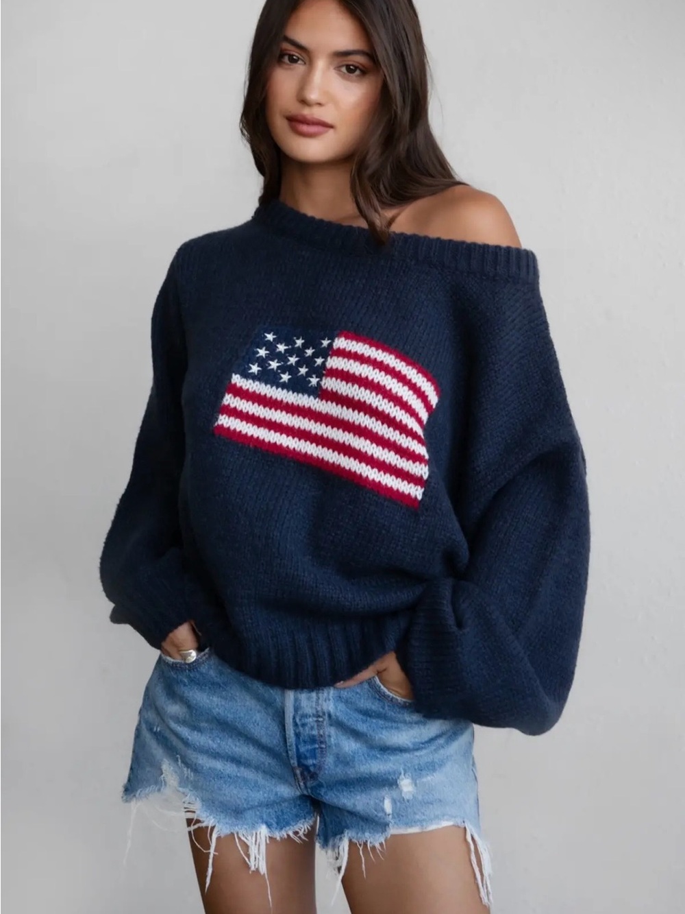 Off-the-Shoulder Navy Sweater with Flag Intarsia
